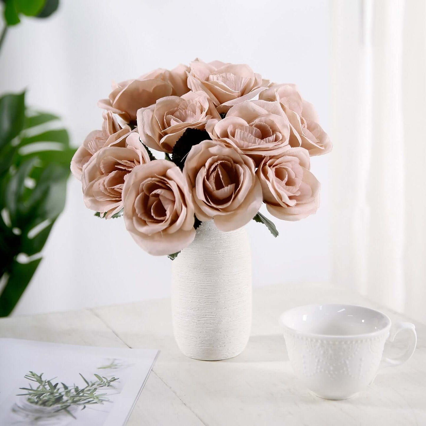 12" Dusty Rose Artificial Velvet-Like Fabric Rose Flower Bouquet Bush