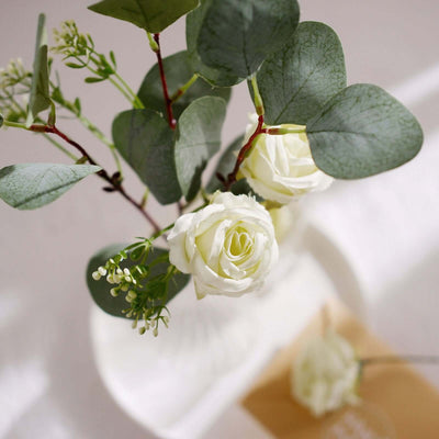 15" Ivory Artificial Silk Rose and Eucalyptus Flower Bouquet Arrangement