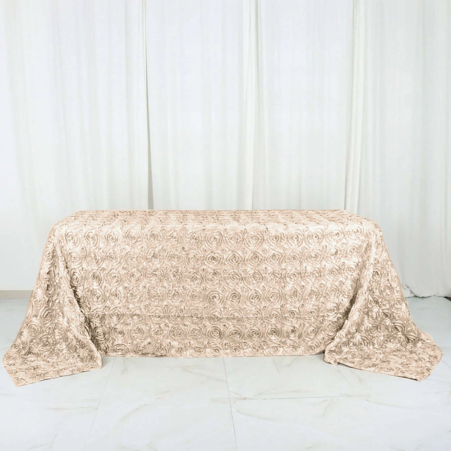 Satin 90"x132" Rectangle Tablecloth Beige - Grandiose 3D Rosette Seamless Table Cover