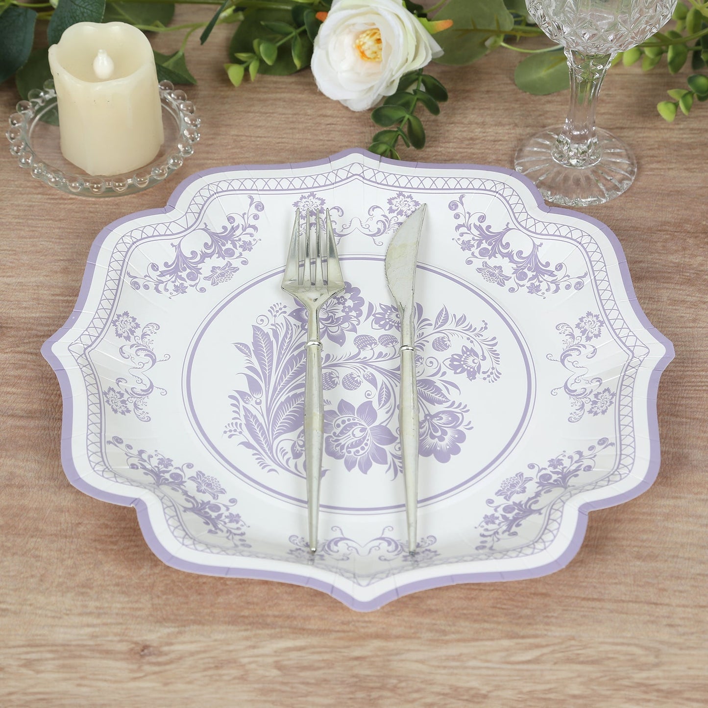 25-Pack Paper Dessert Plates in White with Lavender Lilac Damask Floral Print & Scallop Rim - Stylish Disposable 300GSM Floral Salad Appetizer Plates 8"