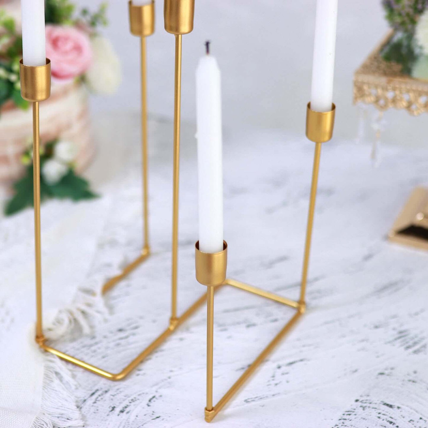 Taper Candle Holder Gold Metal 5-Arm Geometric Candelabra Design - Decorative Piece for Banquets and Celebrations 12"