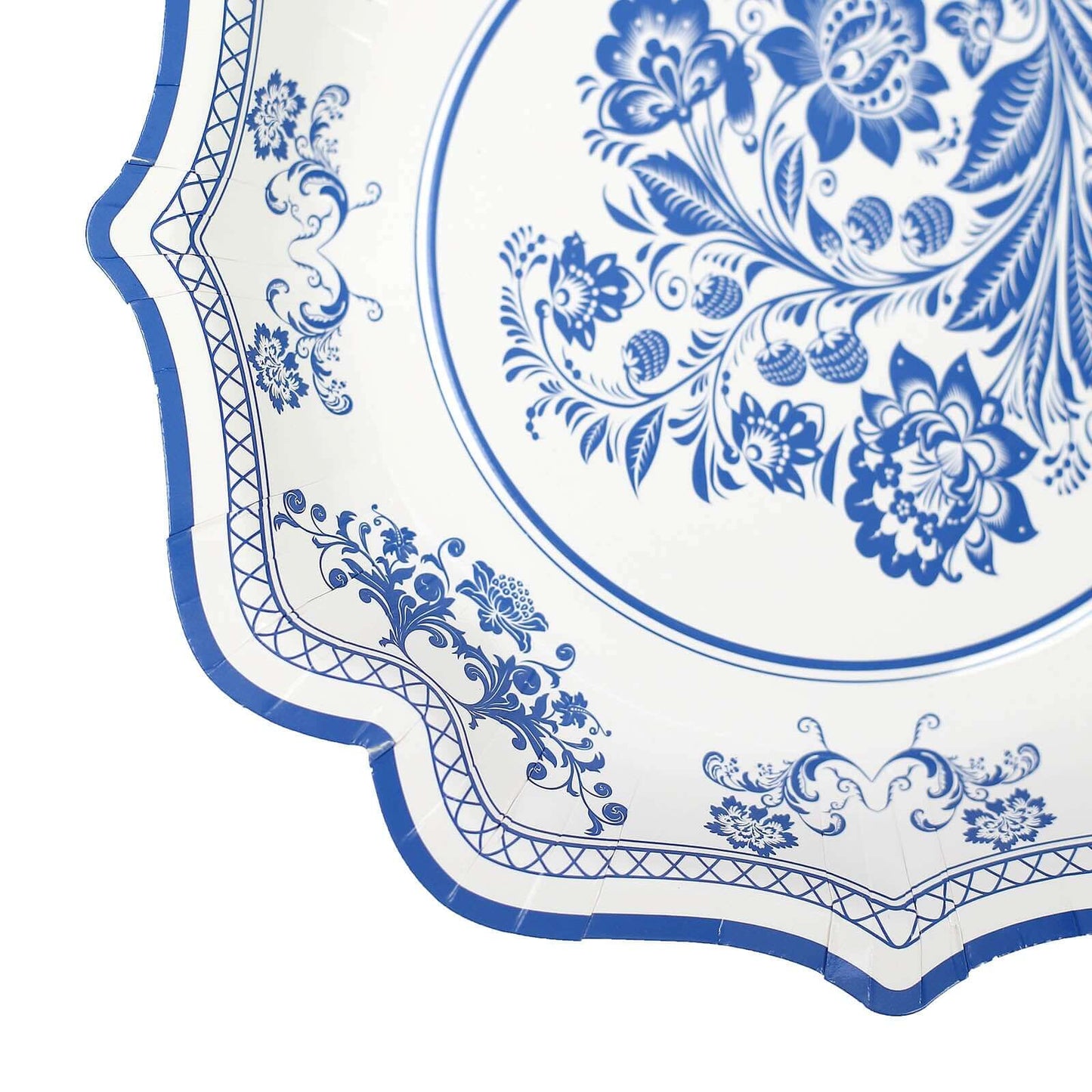 25-Pack Paper Dessert Plates in White with Light Blue Damask Floral Print & Scallop Rim - Stylish Disposable 300GSM Floral Salad Appetizer Plates 8"