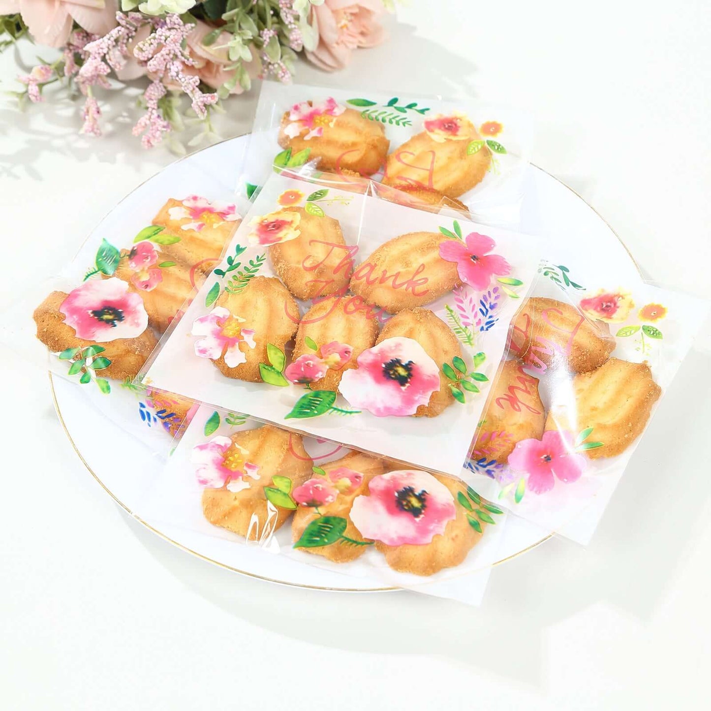 100-Pack PVC Cookie Candy Bags White/Clear - Decorative Self Adhesive Goodie Bags With "Thank You" Print & Floral Accents for Stylish Wedding Birthday Party Favors 6"x7"