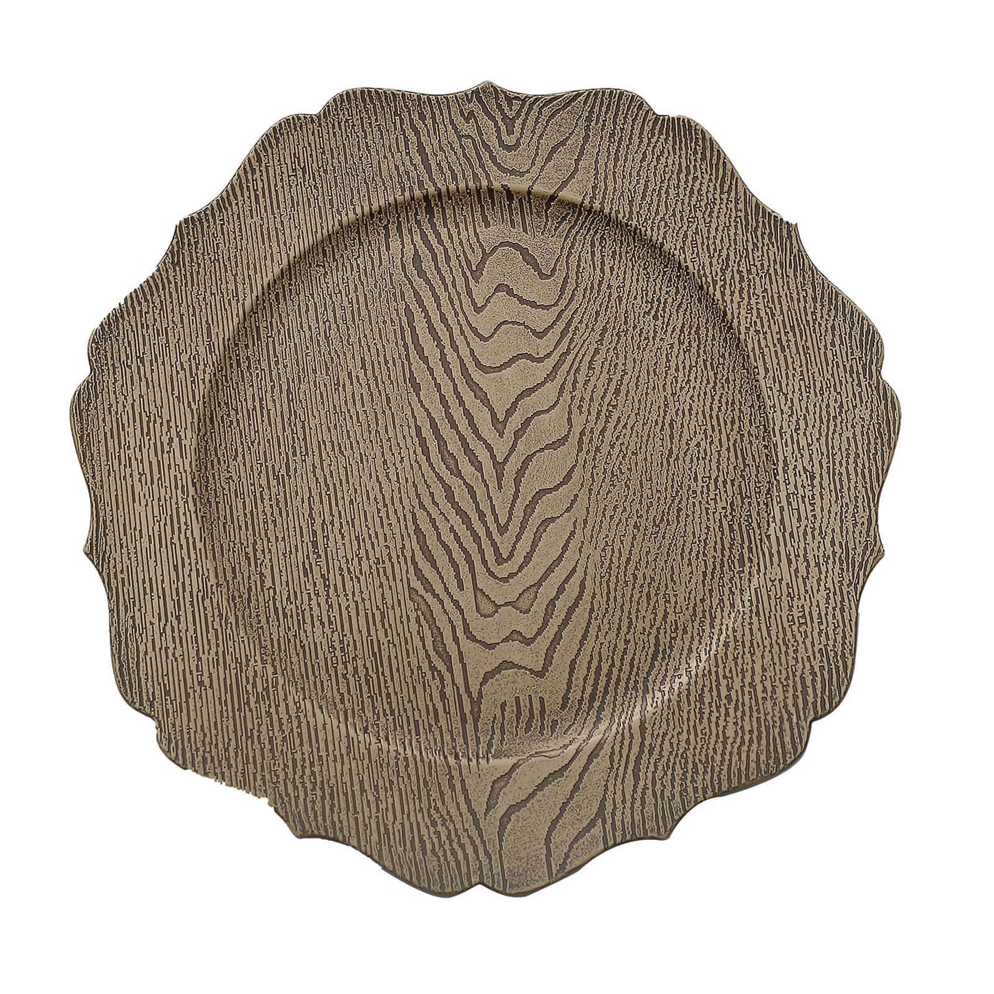 6-Pack Acrylic Round Charger Plates 13" in Rustic Natural with Wood Grain Scalloped Rim, Decorative Dinner Party Charger Tableware