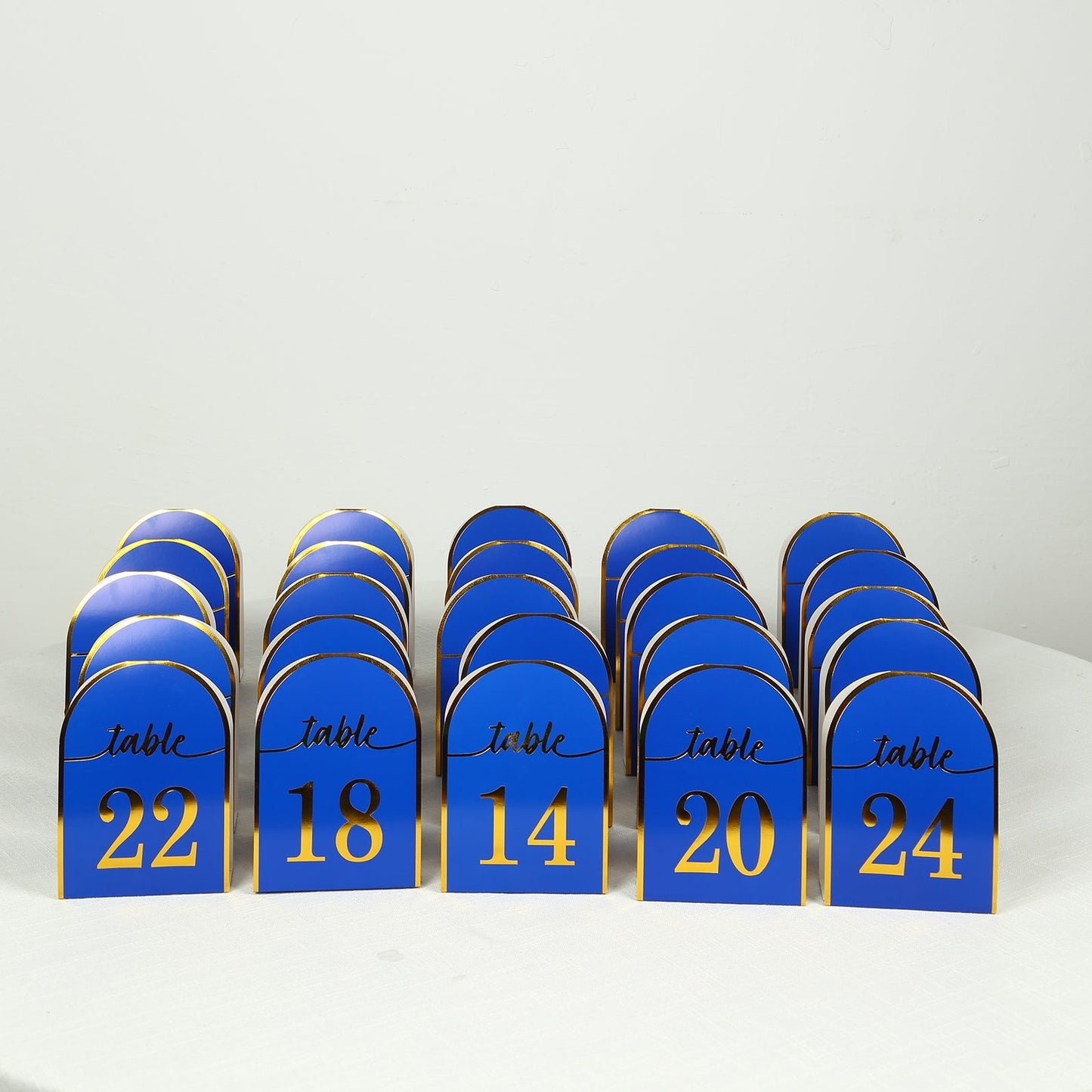 25-Pack 7" Disposable Table Numbers, Royal Blue Free Standing Double Sided Table Number Place Cards with Metallic Gold Foil Numbers 1-25