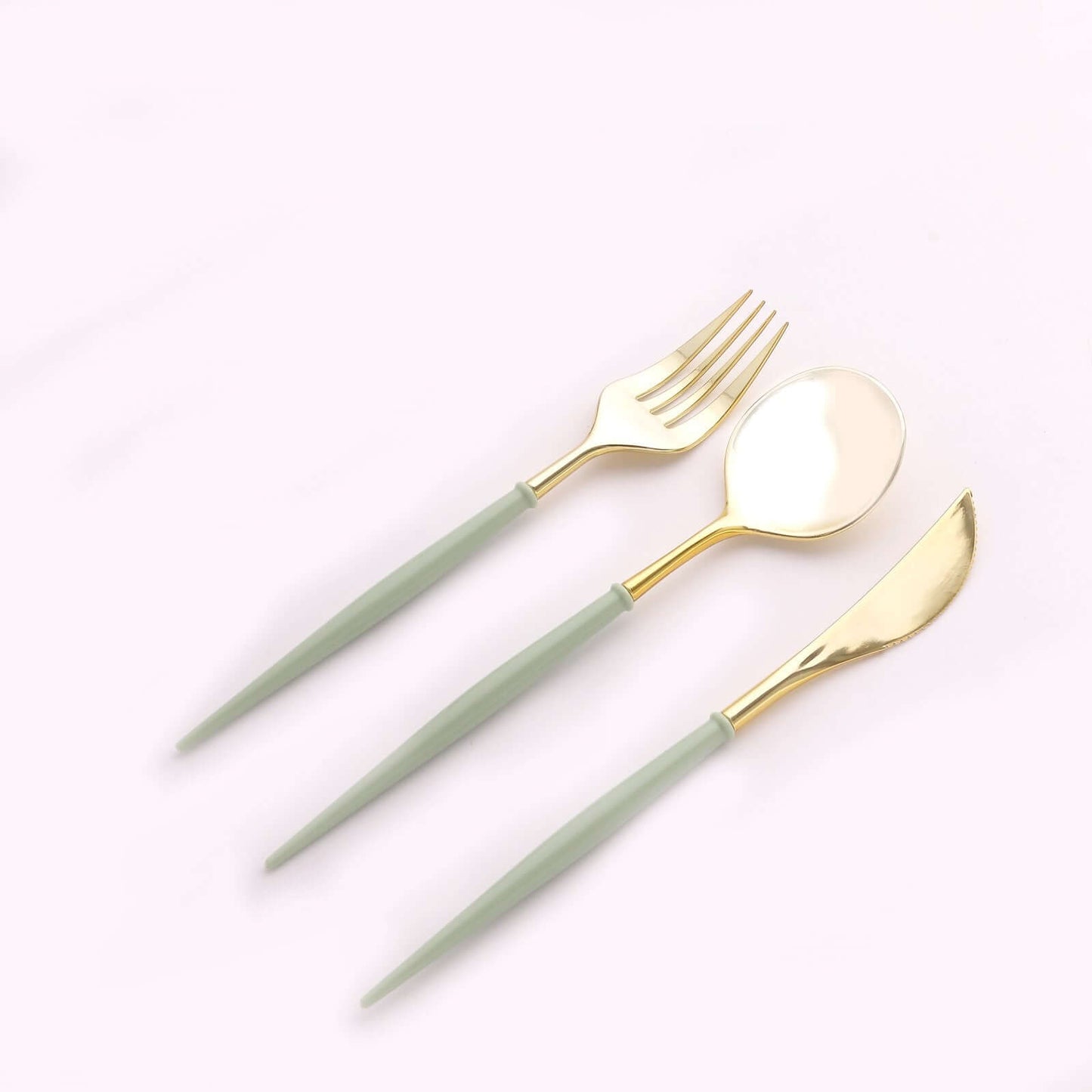 24-Pack Plastic Flatware Set in Metallic Gold with Sage Green Handle - Heavy Duty Disposable Modern Silverware 8"