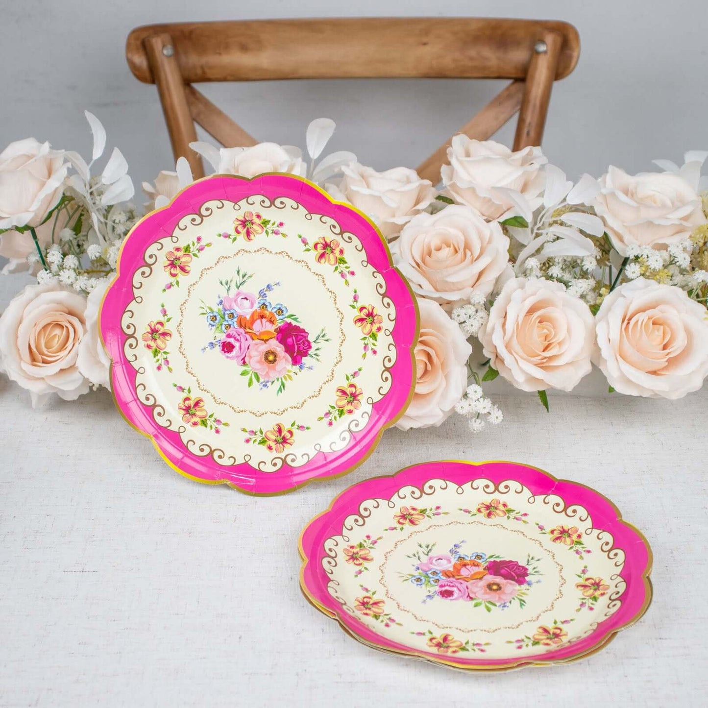 24-Pack Paper 9" Round Dinner Plates in Mixed Floral Print with Scalloped Edge - Disposable Party Plates for Baby Showers & Vintage Themes