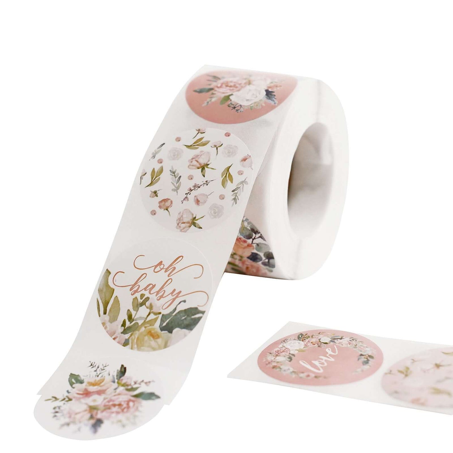 500Pcs 1.5" Baby Shower Love and Oh Baby Floral Stickers Roll, Labels For DIY Envelope Seal - Round