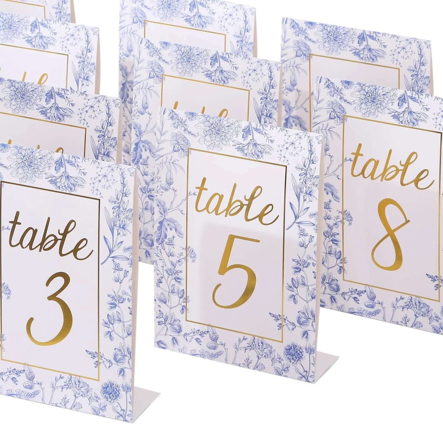 25-Pack Paper Wedding Table Numbers 1-25 White/Blue French Toile Design - Free Standing Double Sided Table Signs with Glam Gold Foil Numbers 7"