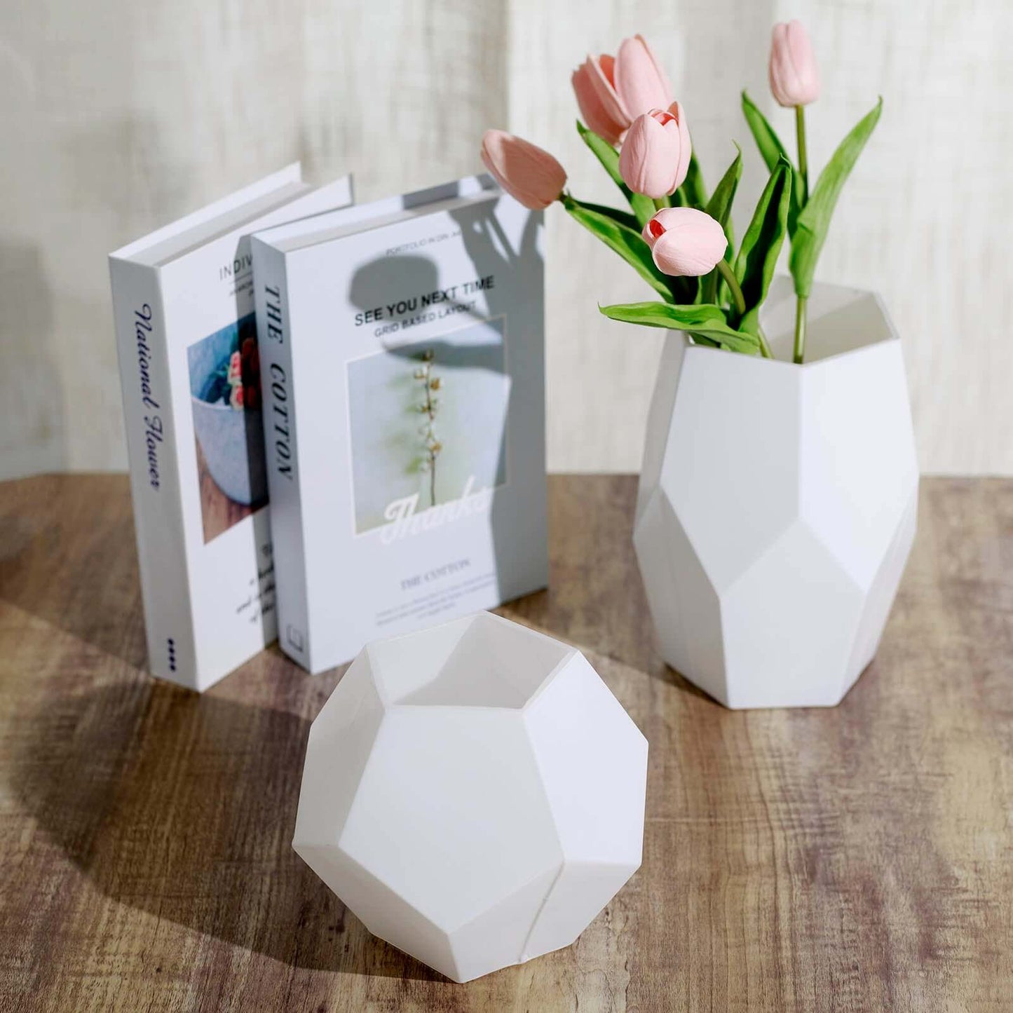 Set of 2 Glass Flower Vases Geometric Design Matte White - Stylish Modern Candle Holder Centerpieces 5", 8"