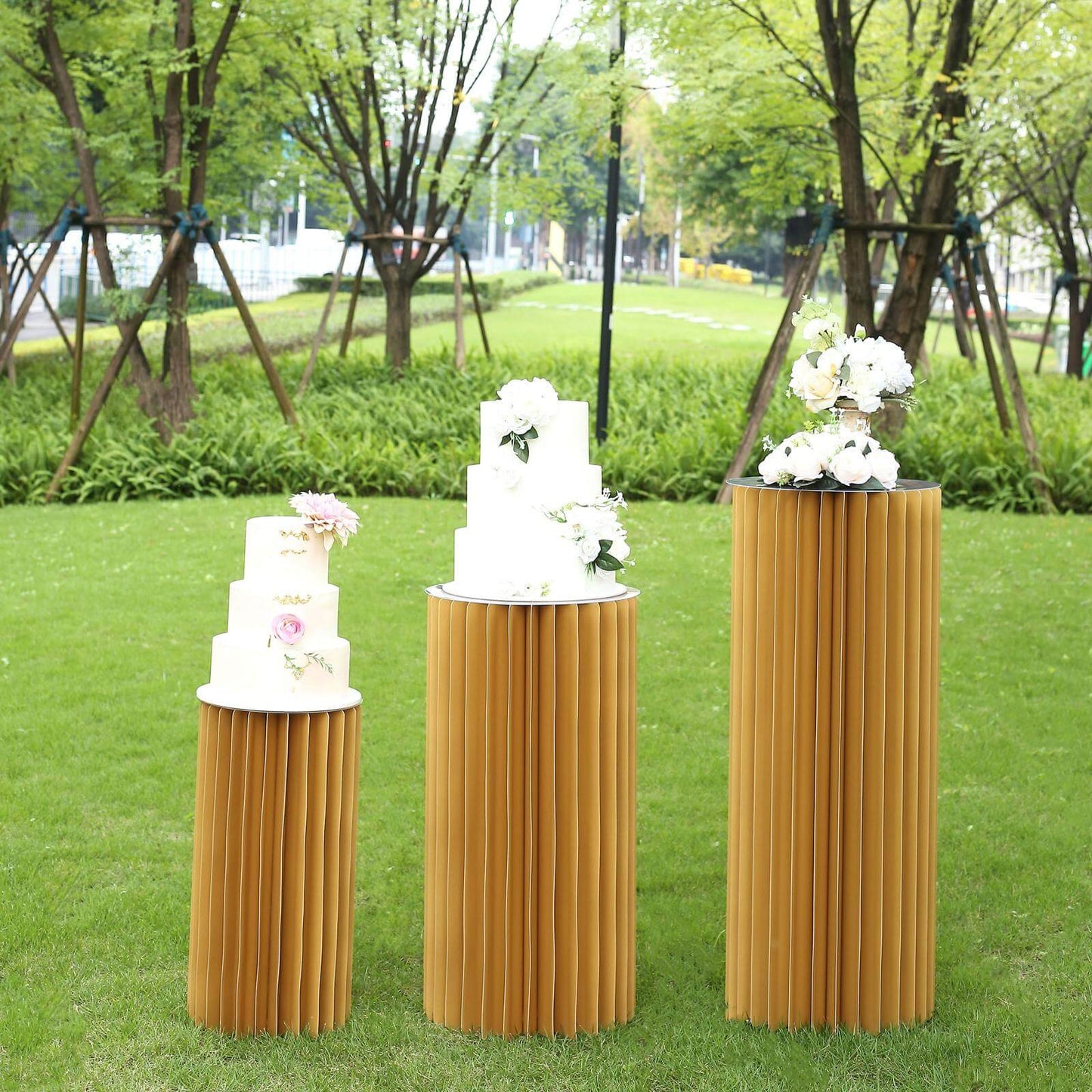 32" Gold Cylinder Display Column Stand, Pillar Pedestal Stand With Top Plate