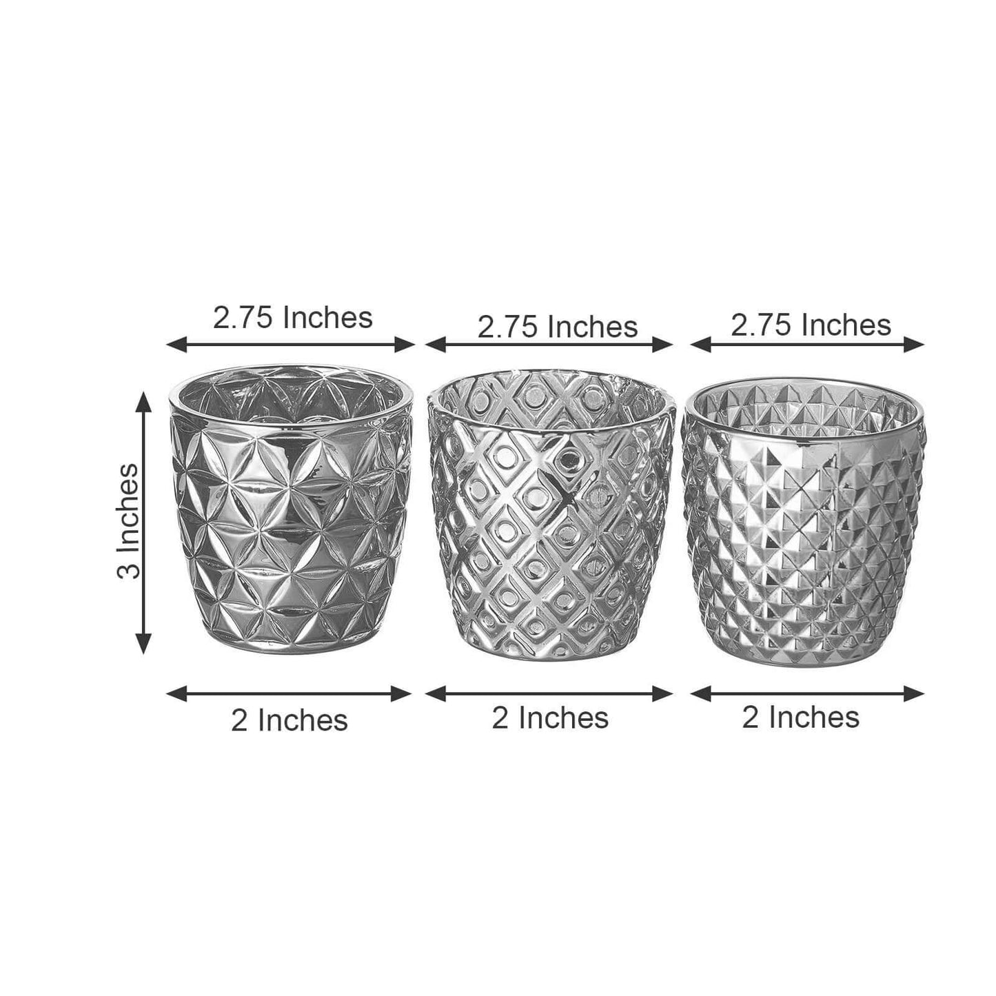 6-Pack Mercury Glass Votive Candle Holders Metallic Silver with Assorted Geometric Designs - Tealight Holders 3"