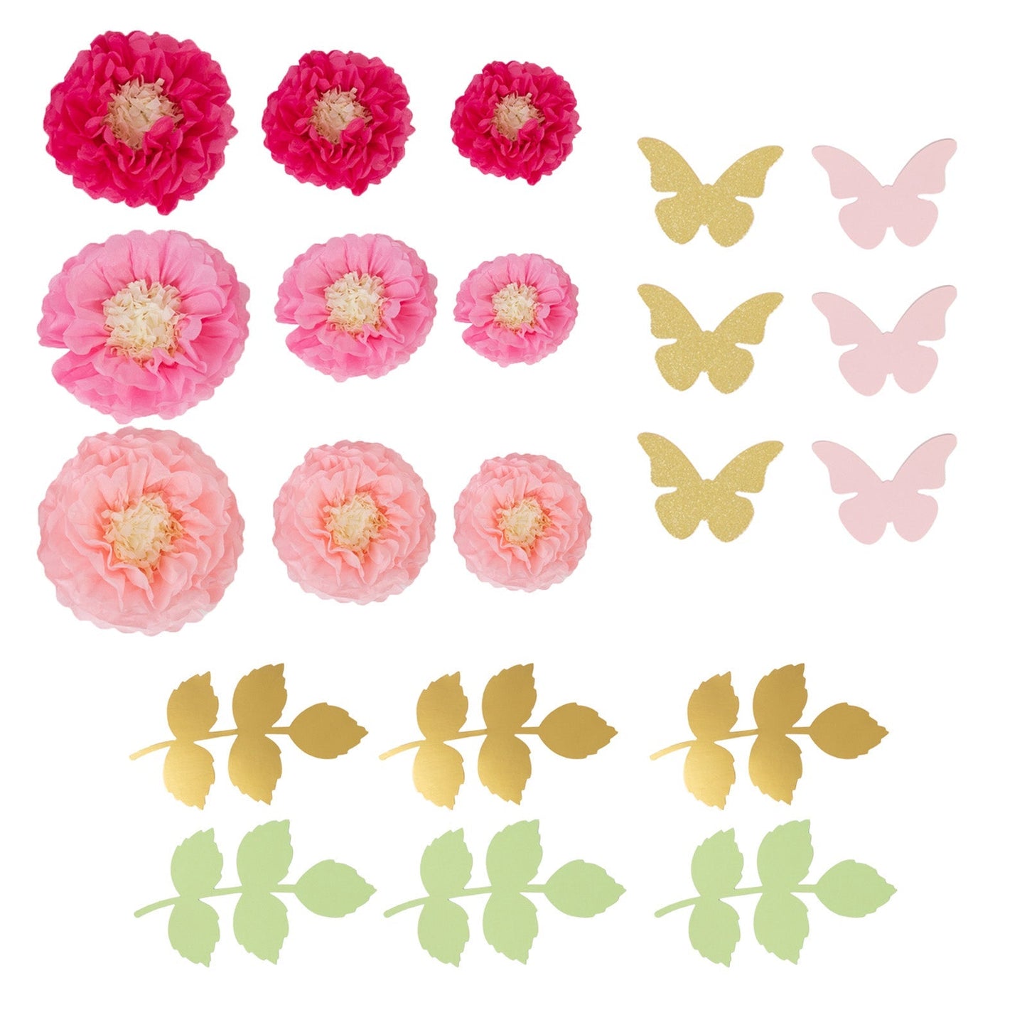 Set of 21 Tissue Paper Flowers Pom Poms Decor Kit â€“ Blush Pink 3D Chrysanth Floral Wall Decor with Butterflies & Olive Leaves - 8",10",12"