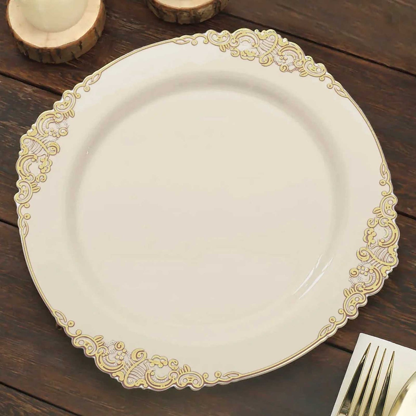 10-Pack Plastic 10" Round Dinner Plates in Ivory with Gold Leaf Embossed Rim - Disposable Vintage Baroque Style Plates
