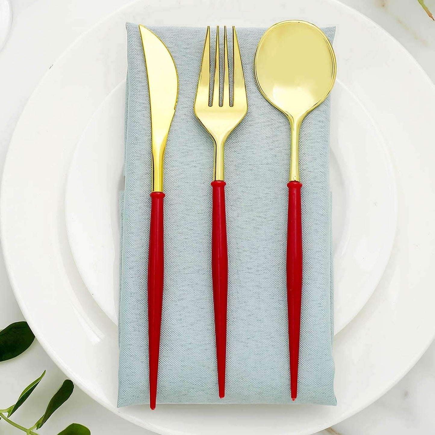 24-Pack Plastic Flatware Set in Metallic Gold with Red Handle - Heavy Duty Disposable Modern Silverware 8"