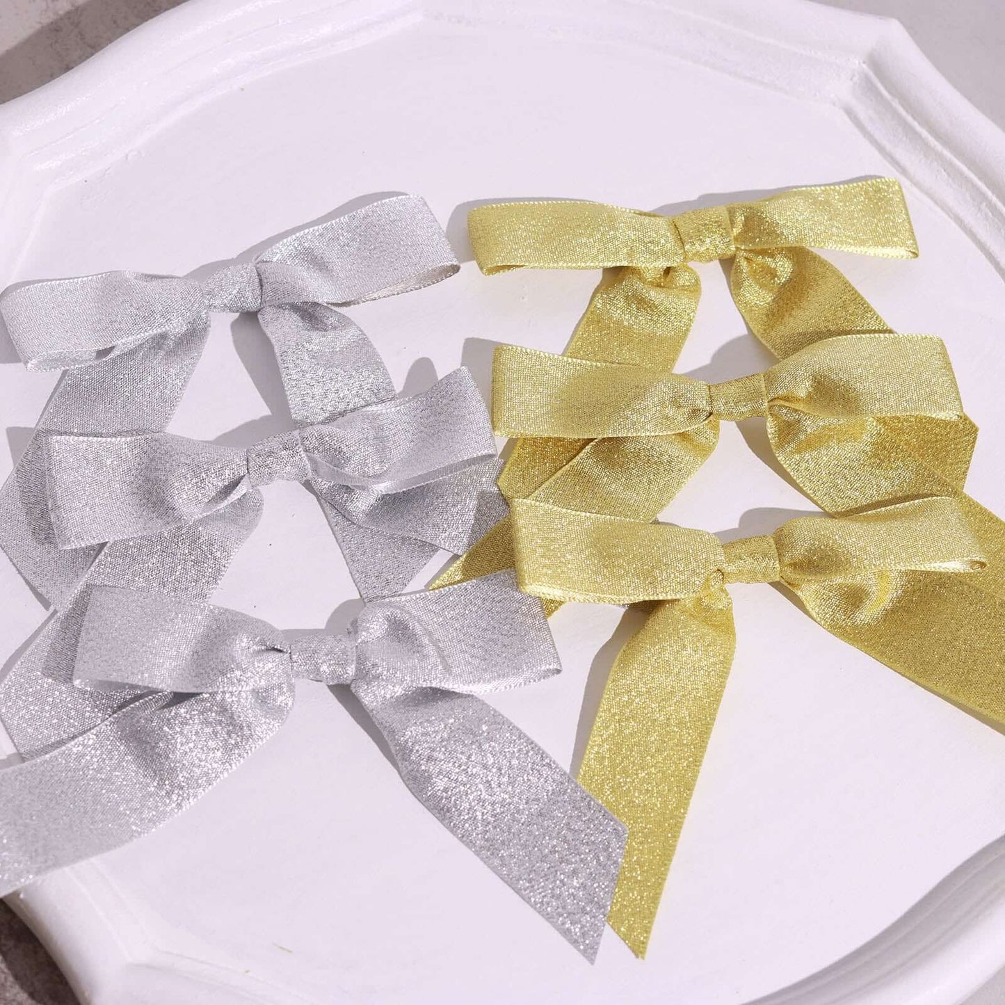 50 Pcs 4" Nylon Ribbon Bows With Twist Ties, Gift Basket Party Favor Bags Decor - Silver Glitter Design