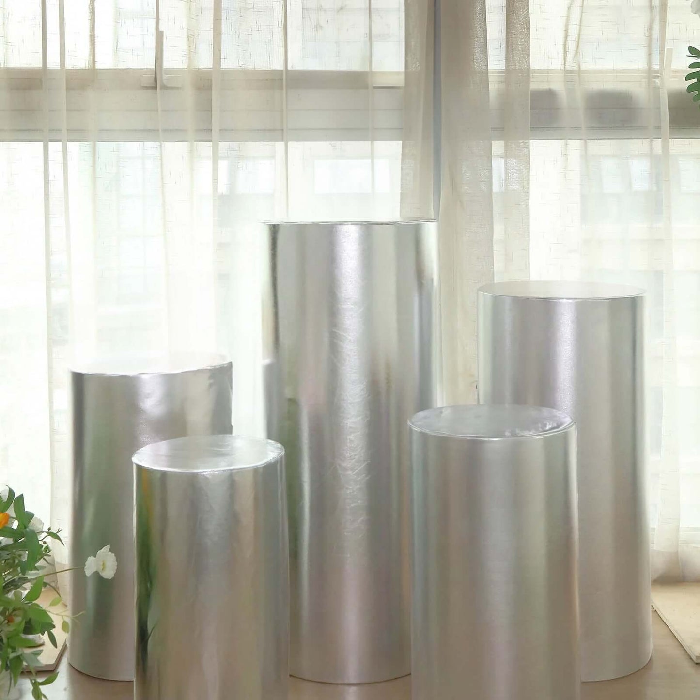 Set of 5 Metallic Silver Spandex Cylinder Pedestal Stand Covers, Shiny Stretchable Pillar Prop Covers - 130 GSM