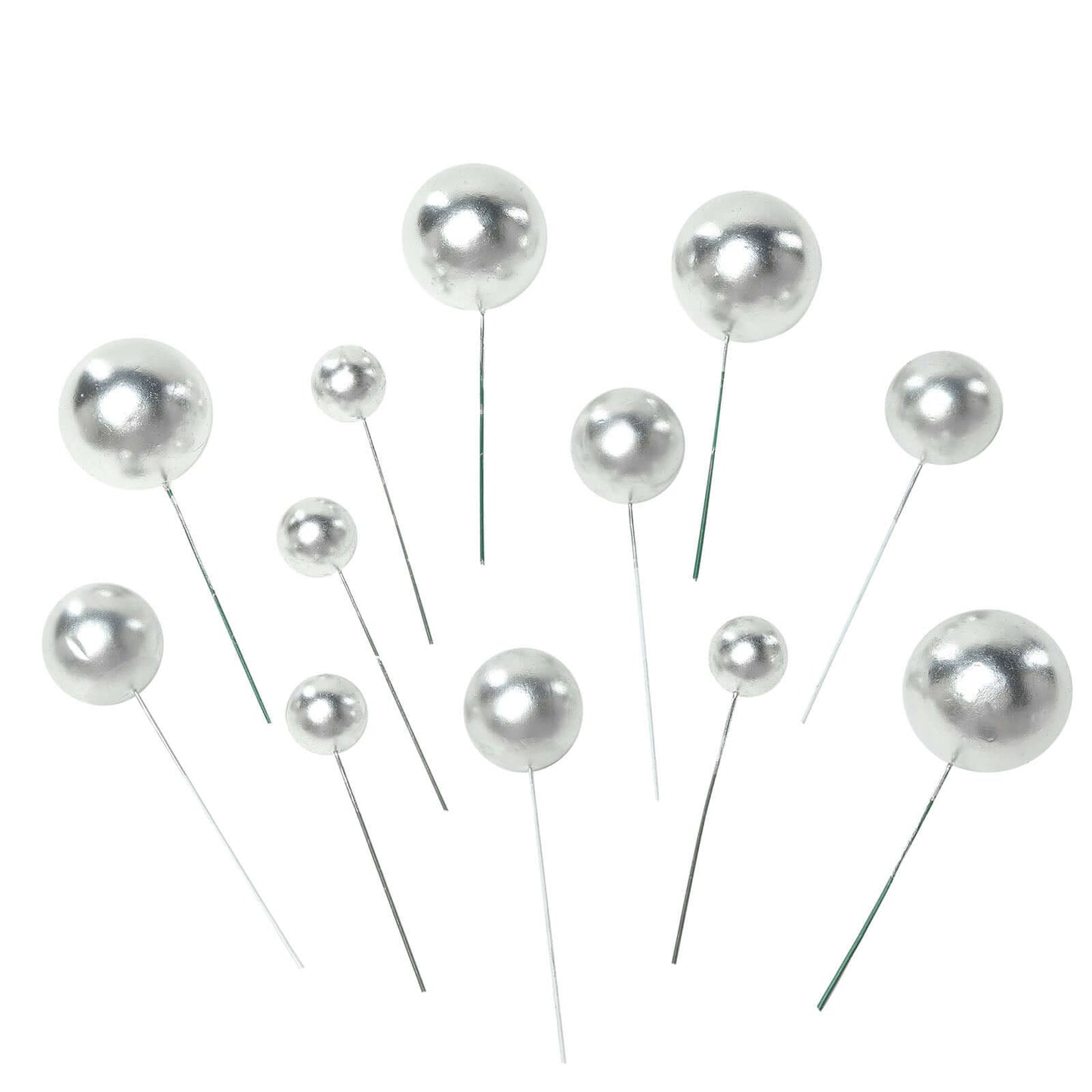 12 Pcs Cake Topper Picks Faux Pearl Ball Design Silver - Foam Balloon DIY Cupcake Decor Supplies Assorted Sizes