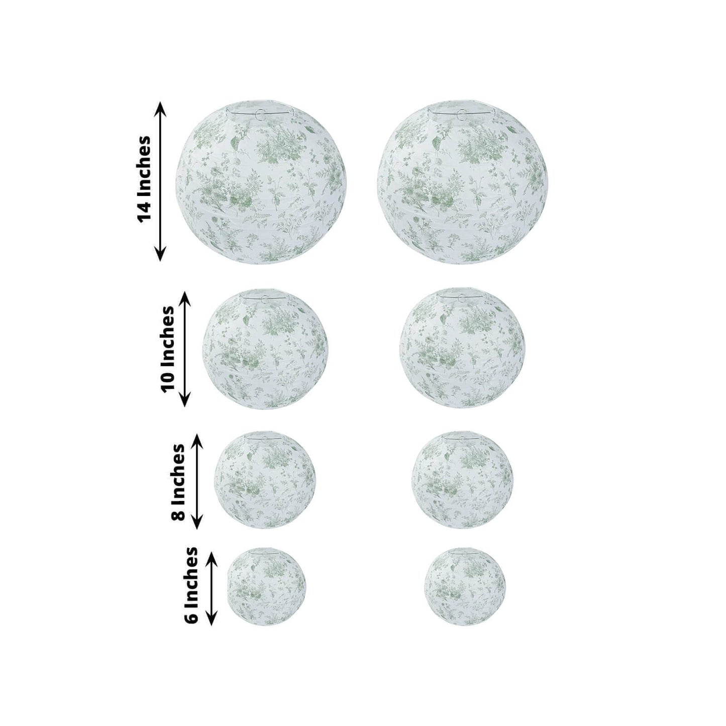 Set of 8 White Sage Green Hanging Chinese Lanterns in French Toile Floral Pattern, Festival Paper Lanterns - 6",8",10",14"