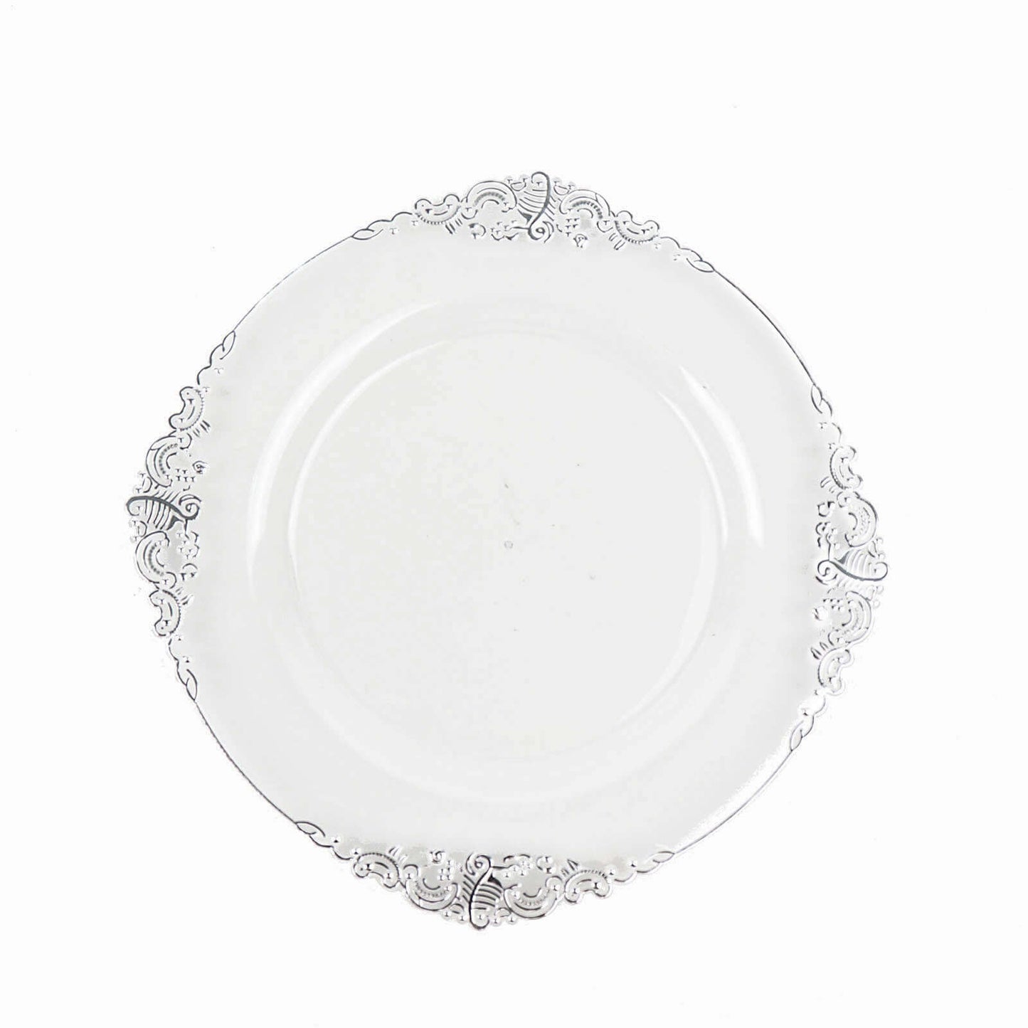 10-Pack Plastic 8" Round Dessert Plates in Clear with Silver Leaf Embossed Rim - Disposable Vintage Baroque Style Salad Plates