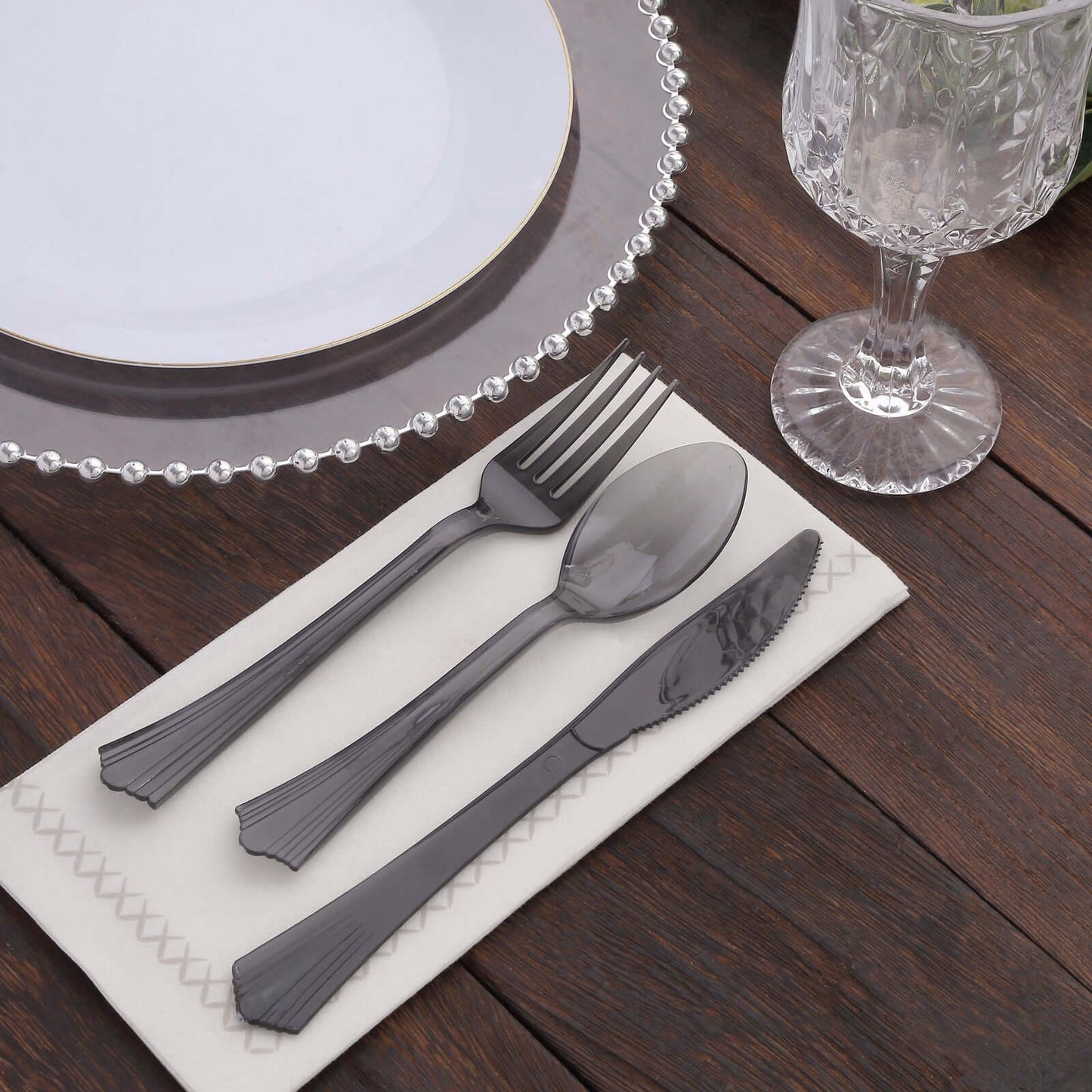 24-Pack Plastic Silverware Set with Fan Flared Tip Handle Transparent Black - Heavy Duty Disposable Utensils 7"