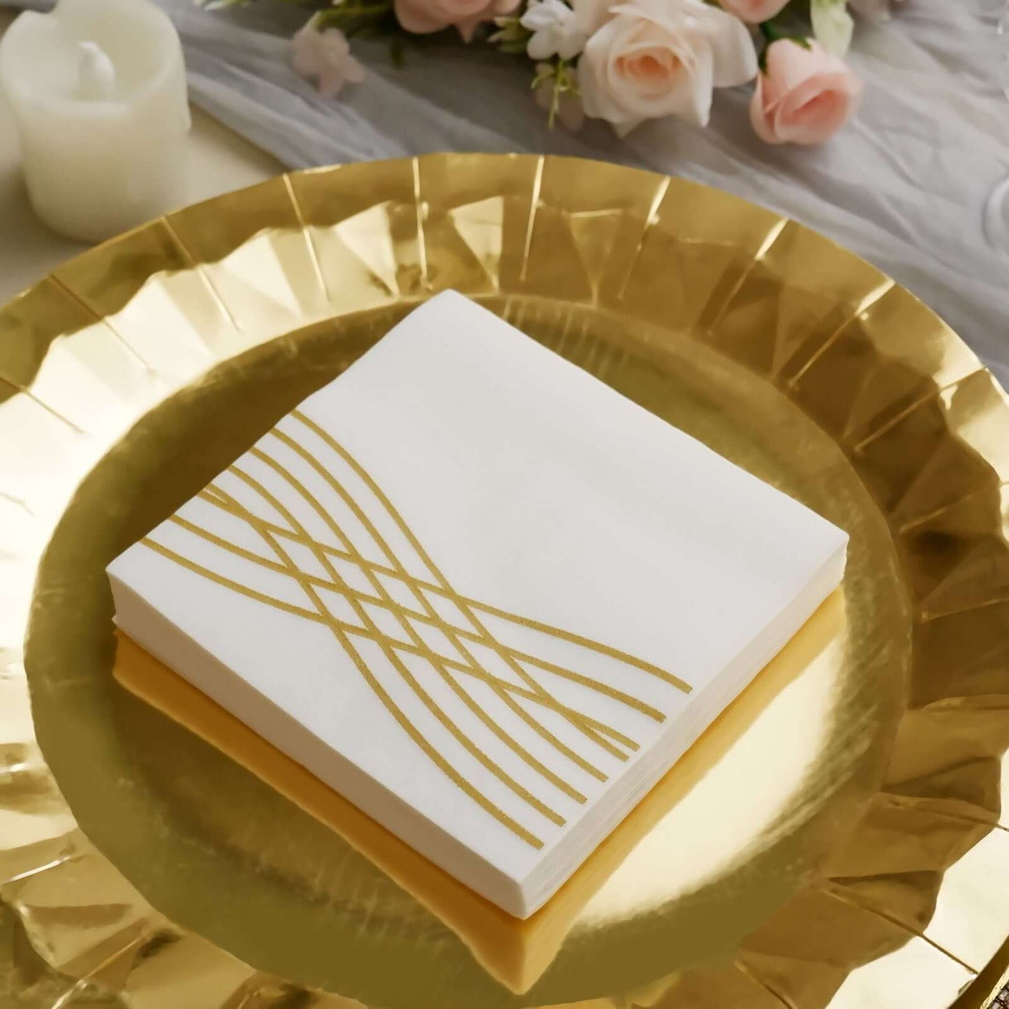 20 Pack Linen-Like Paper 5"x5" Napkins White with Gold Foil Wave Design - Classy Disposable Airlaid Cocktail Napkins