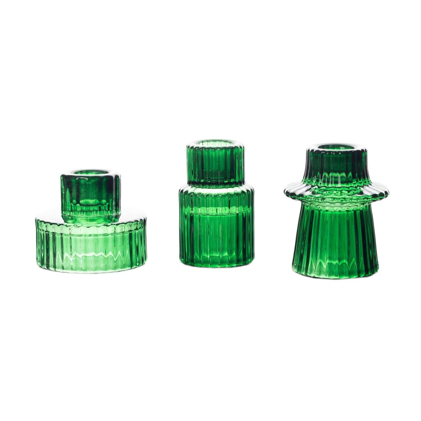Set of 6 Glass Taper Candle Holders Ribbed Crystal Design Hunter Emerald Green - Reversible Mini Votive Tealight Stands 3"