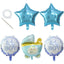 Set of 5 Blue White Boy Baby Shower Mylar Foil Balloon Set, Star, Round and Baby Carriage Balloon Bouquet With Ribbon, Gender Reveal Party Decorations