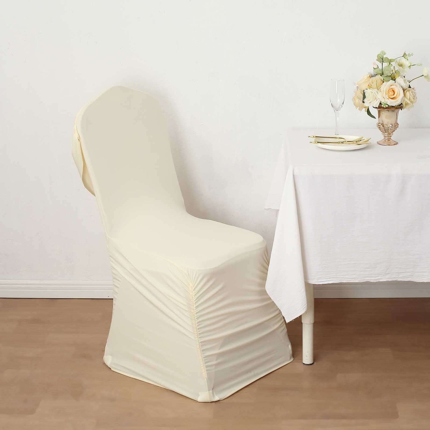 Spandex Chair Cover with Ruched Swag Back and Foot Pockets for Banquet Chairs Ivory - Fitted Slipcover