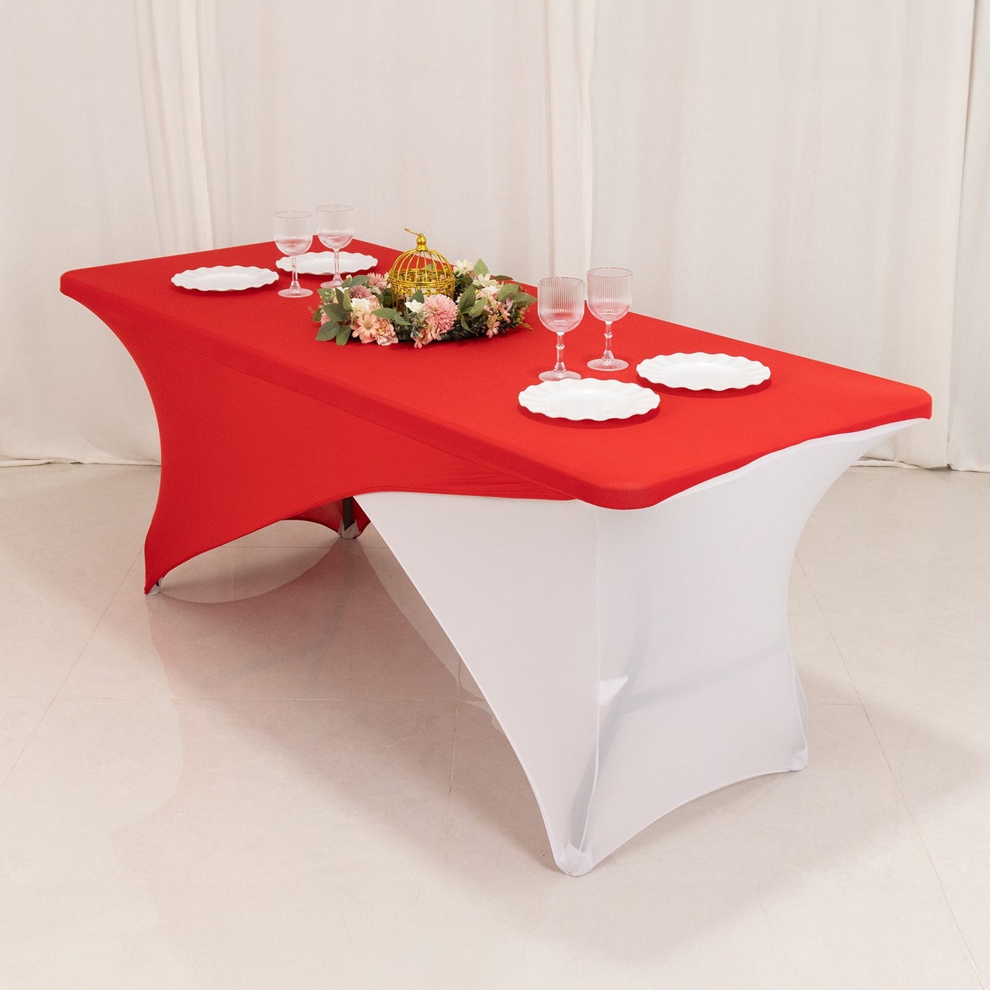 Stretch Spandex 72"x30" Rectangle Table Cover Red/White Cross Over Design - Versatile & Sleek Two-Piece Fitted Tablecloth with Elastic Foot Pockets