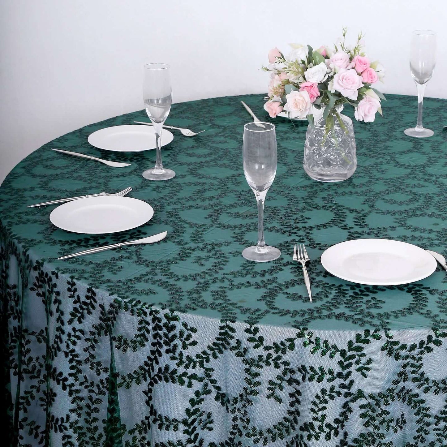 Tulle 120" Round Tablecloth Hunter Emerald Green - Seamless Sequin Leaf Embroidered Table Cover