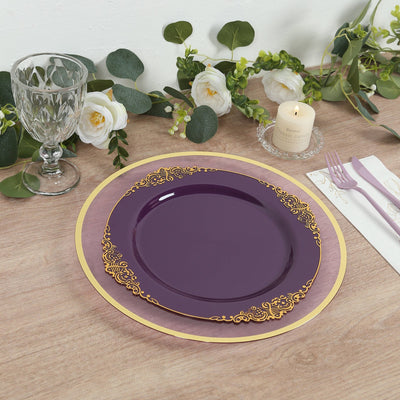 10-Pack Plastic 10" Round Dinner Plates in Purple with Gold Leaf Embossed Rim - Disposable Vintage Baroque Style Plates