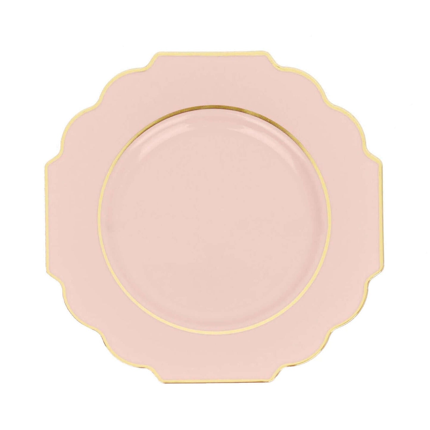 10-Pack Plastic Dinner Plates in Blush Baroque Design with Scalloped Gold Rim - Heavy Duty Disposable Party Plates 11"