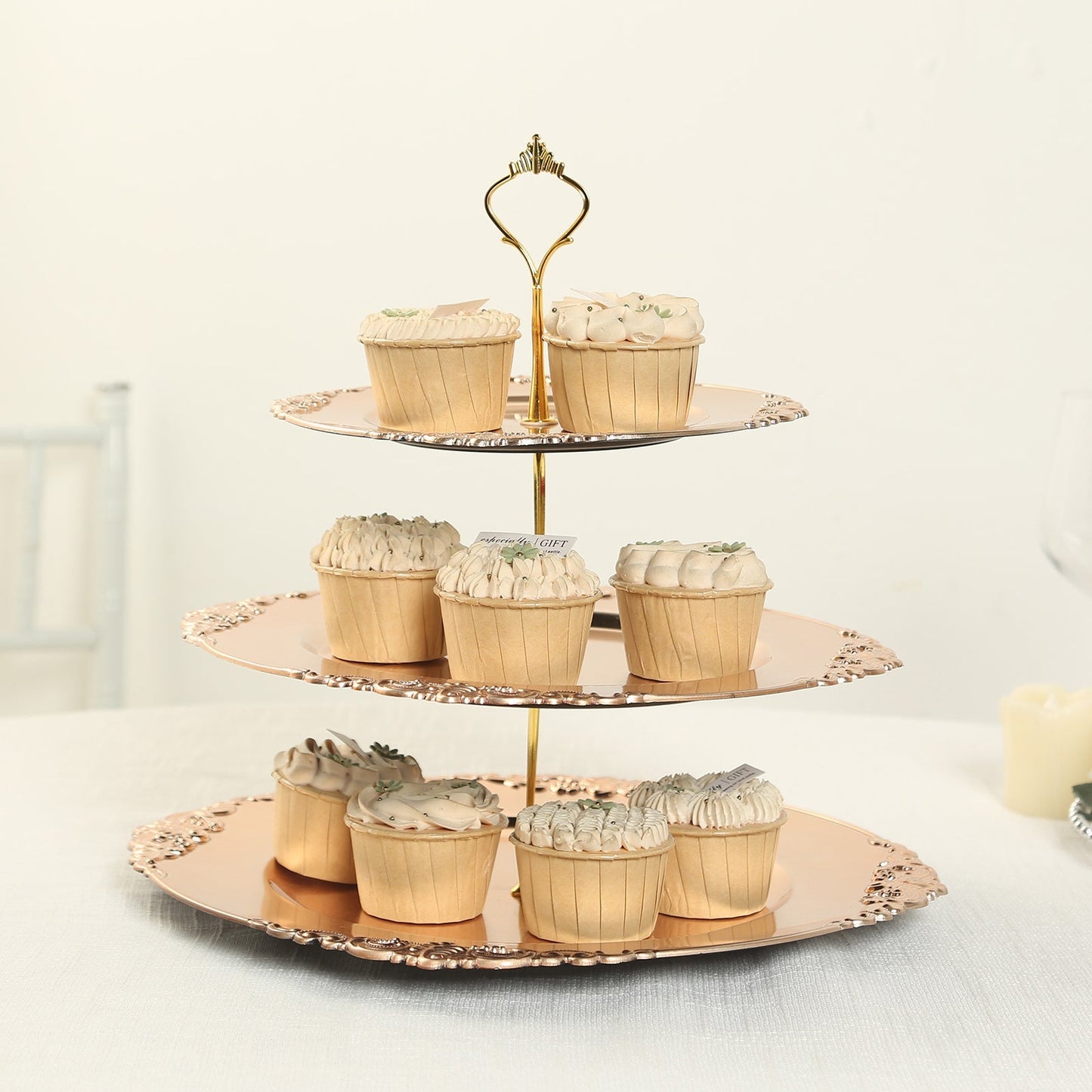 3-Tier Plastic Round Cupcake Stand Metallic Gold - Vintage-Inspired Reusable Dessert Display Holder Tea Party Serving Tray Platter with Baroque Rim & Top Handle 13"