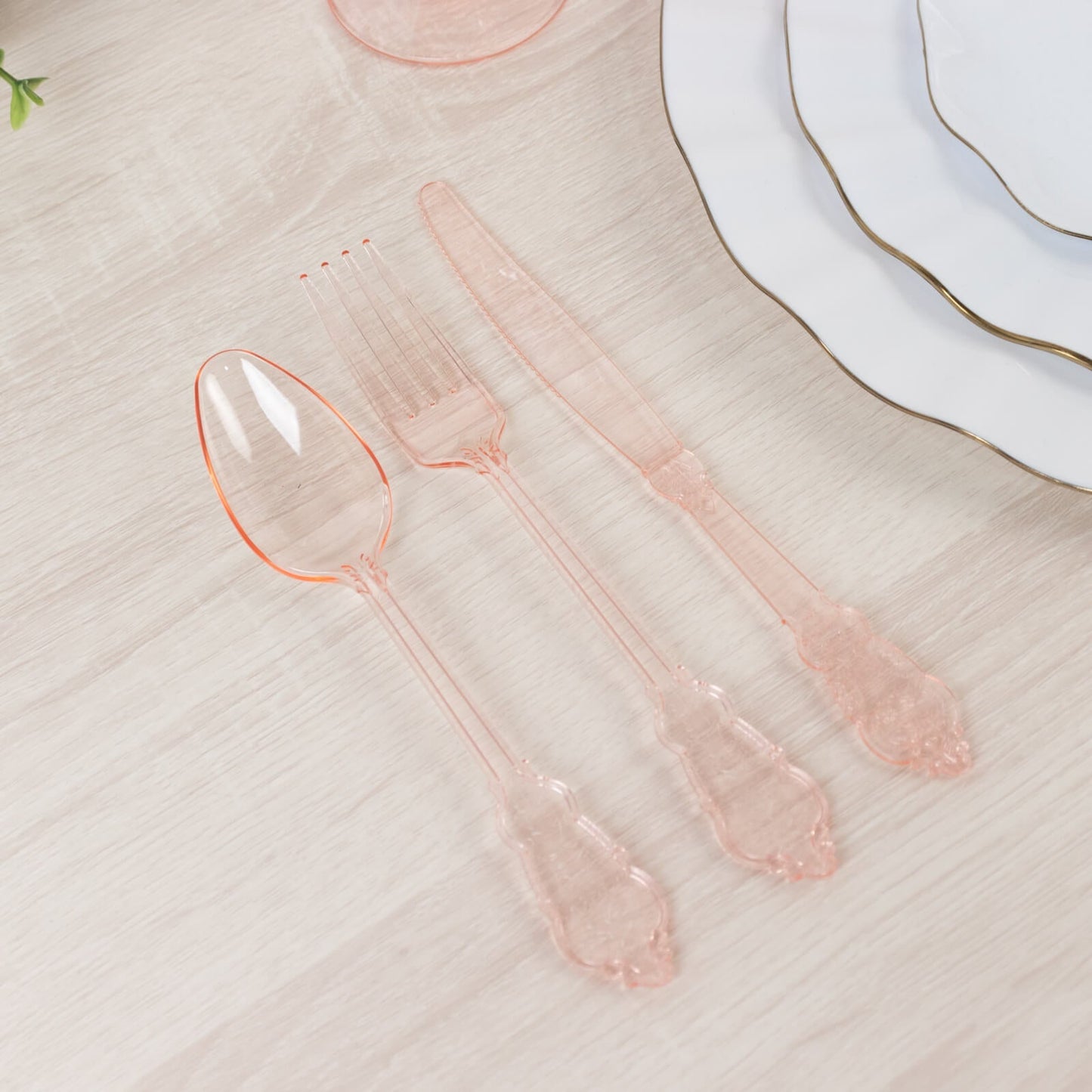 72 Pcs Plastic Silverware Set in Baroque Style Transparent Blush - Heavy Duty Disposable Knife, Fork, and Spoon Set