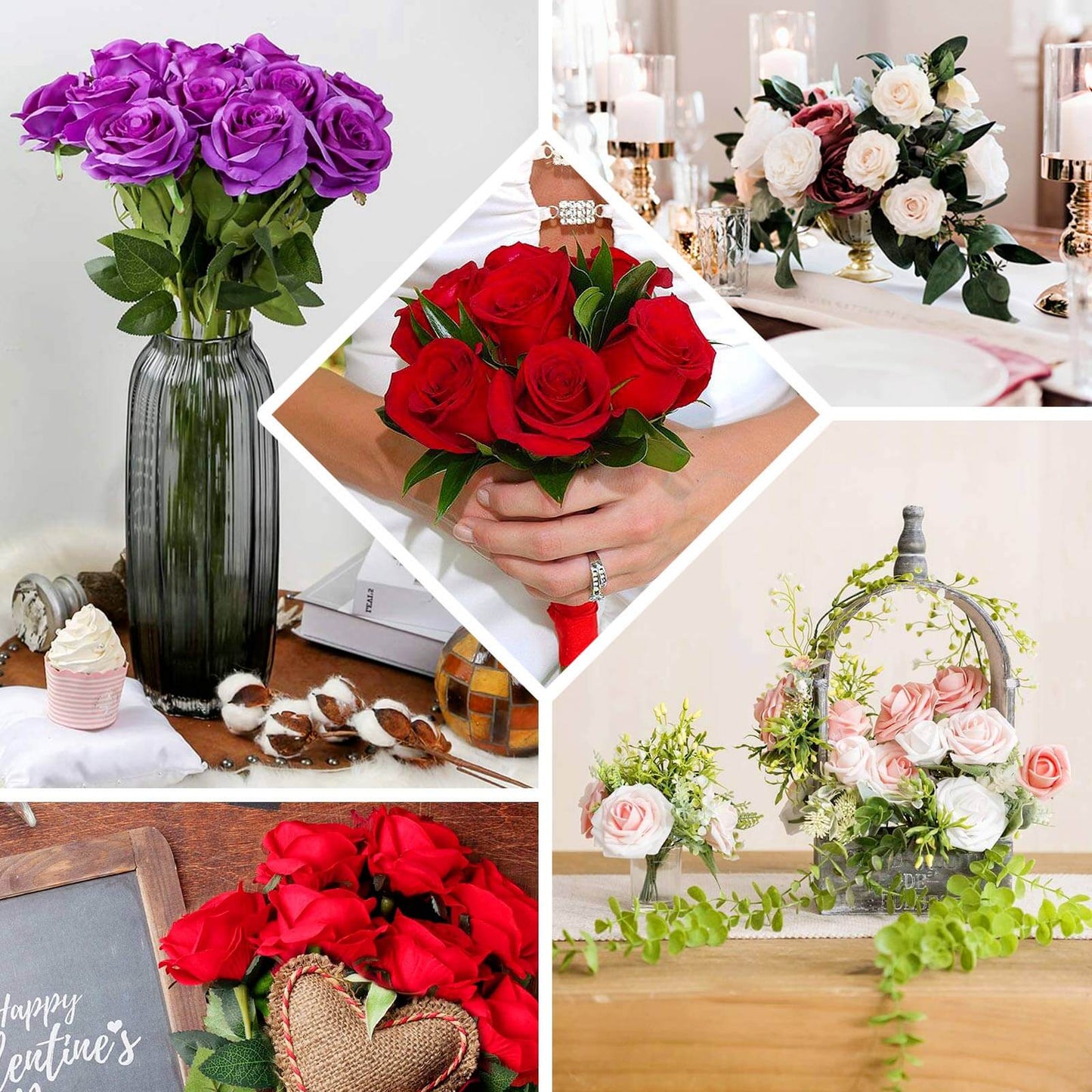 2 Bushes 18" Real Touch Artificial Rose Flower Bouquet, Light Blush Silk Long Stem Flower Arrangements