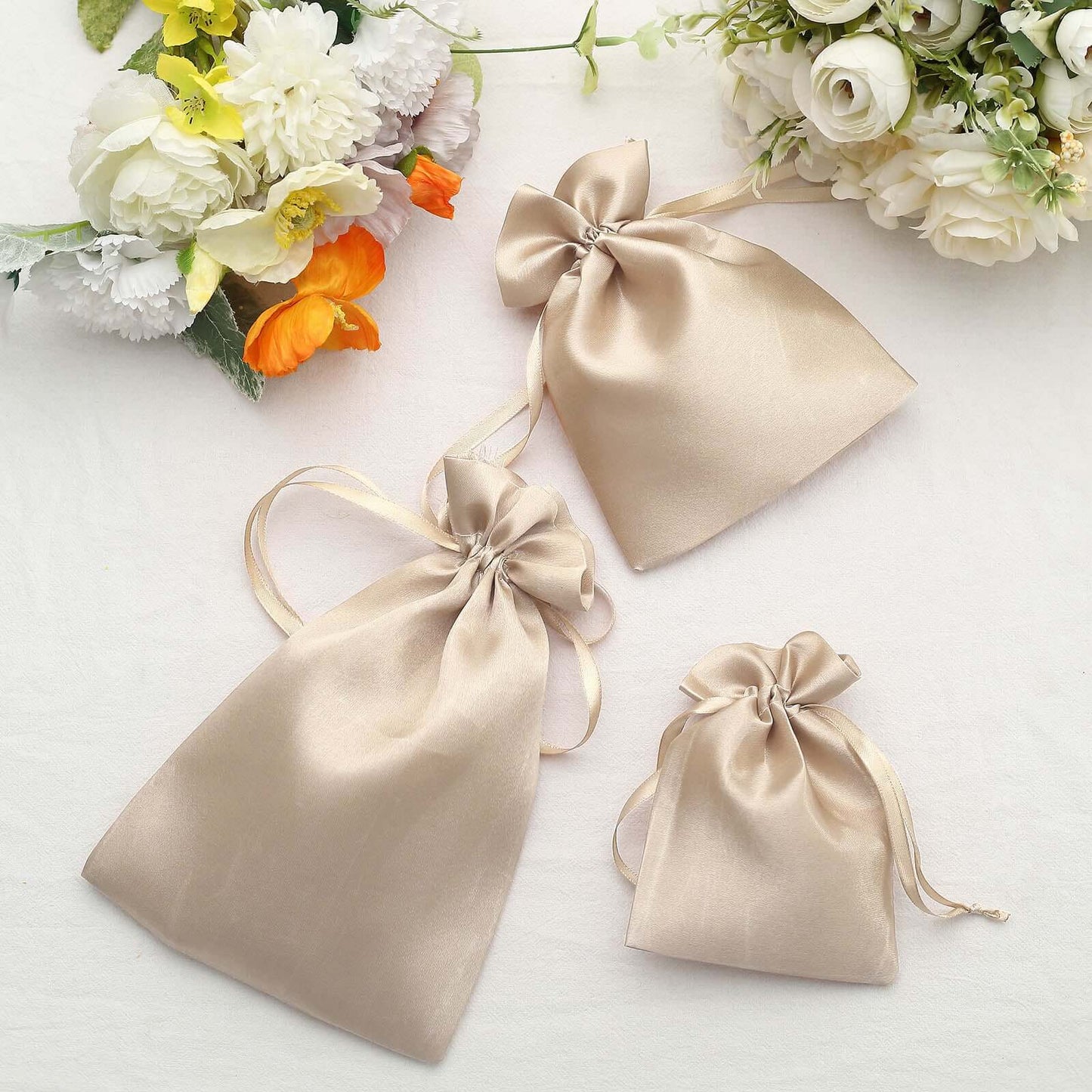 12 Pack 5"x7" Beige Satin Drawstring Wedding Party Favor Gift Bags