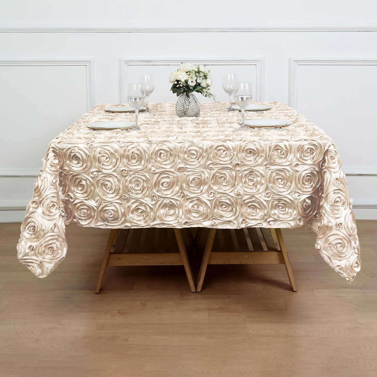 Satin 72"x72" Table Overlay Square Tablecloth Beige - 3D Rosette Table Cover
