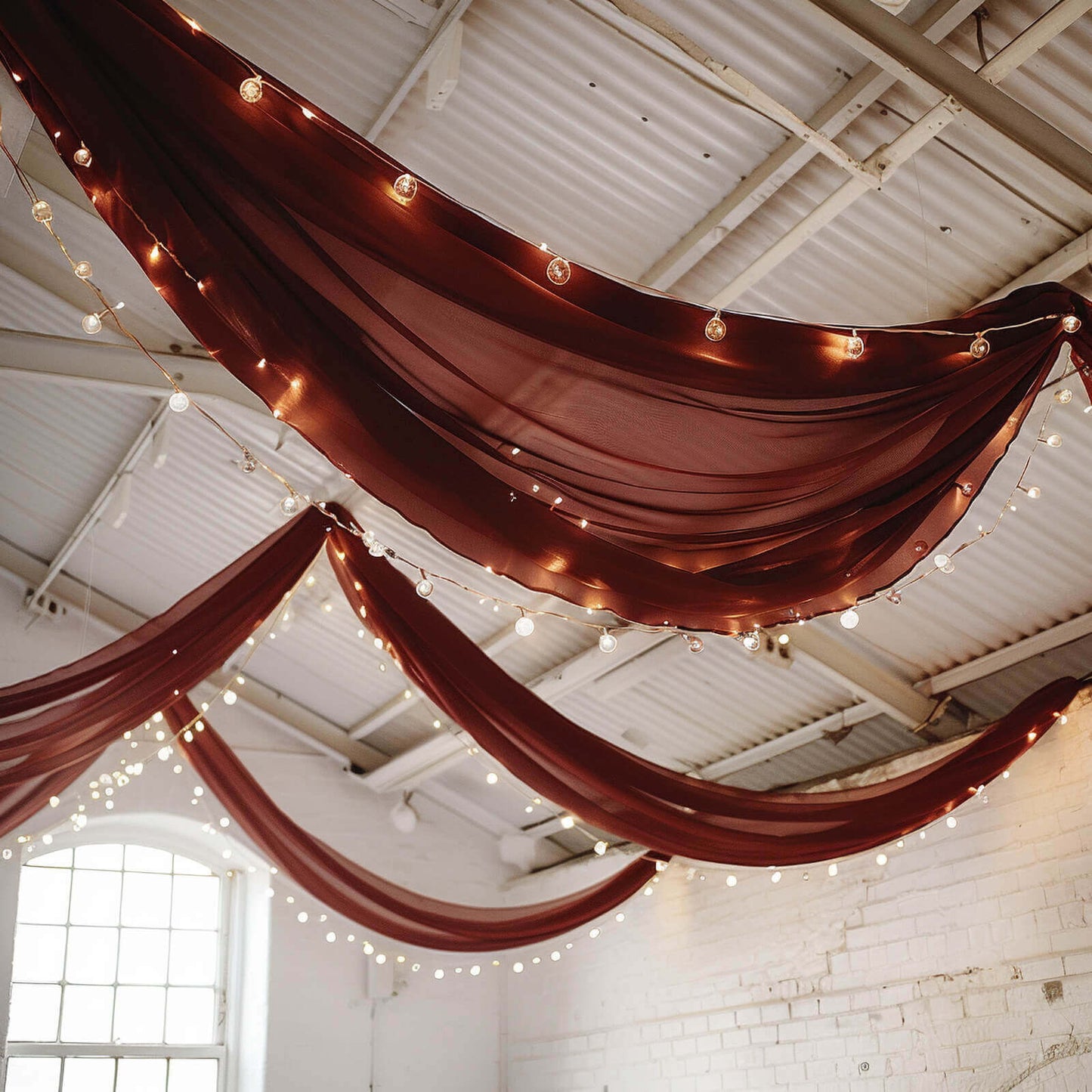 5ftx32ft Burgundy Chiffon Curtain Panel, Durable Flame Resistant Backdrop Ceiling Drapery With Rod Pocket