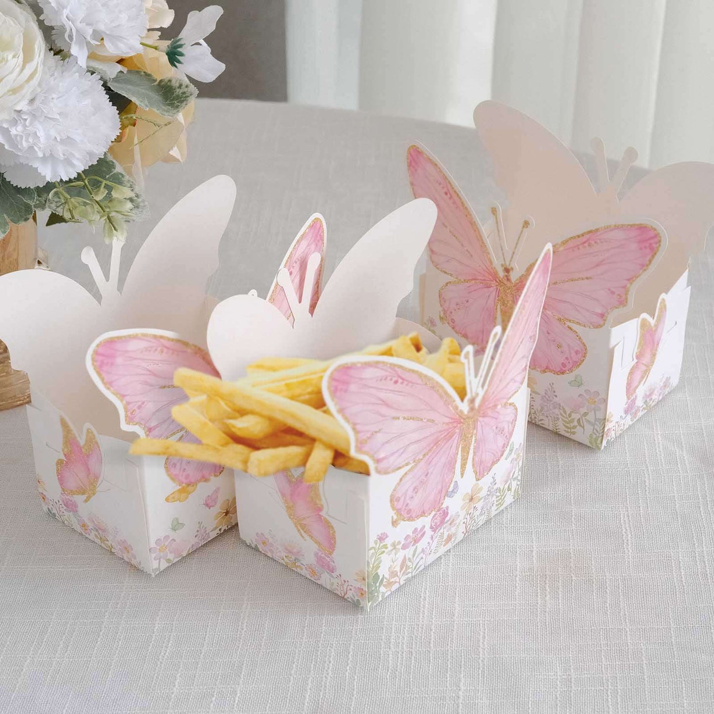 25-Pack Disposable Food Trays White/Pink Glitter Butterfly Design Cardstock - Whimsical Disposable Serving Tray Food Boats for Girls Birthday Baby Shower Party Supplies 6"x7"