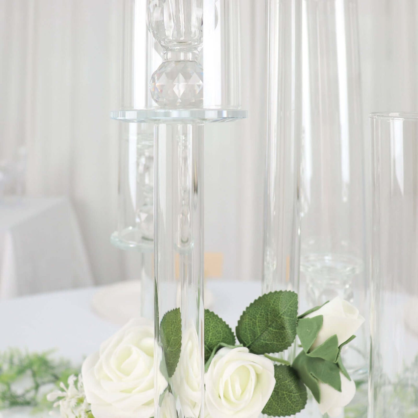 5-Arm Round Crystal Glass Candelabra Clear Taper Design - Chic Candle Holder Table Centerpiece for Weddings & Events 32"
