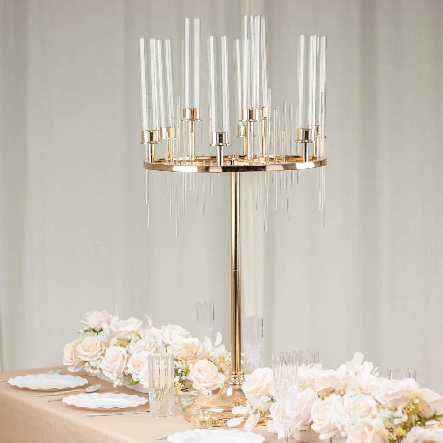 Metal 9-Arm Round Cluster Taper Candelabra Table Centerpiece Gold - Candlestick Holder Table Centerpiece With Drip Accents and Clear Glass Shades 40"