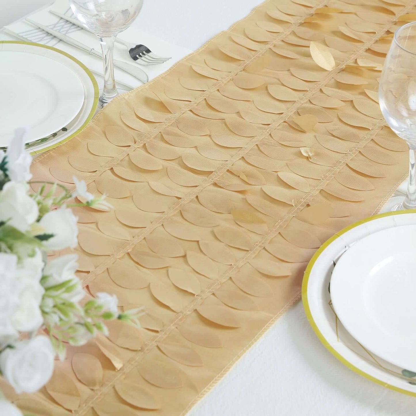 Taffeta Fabric 12"x108" Table Runner Champagne - 3D Leaf Petal Design
