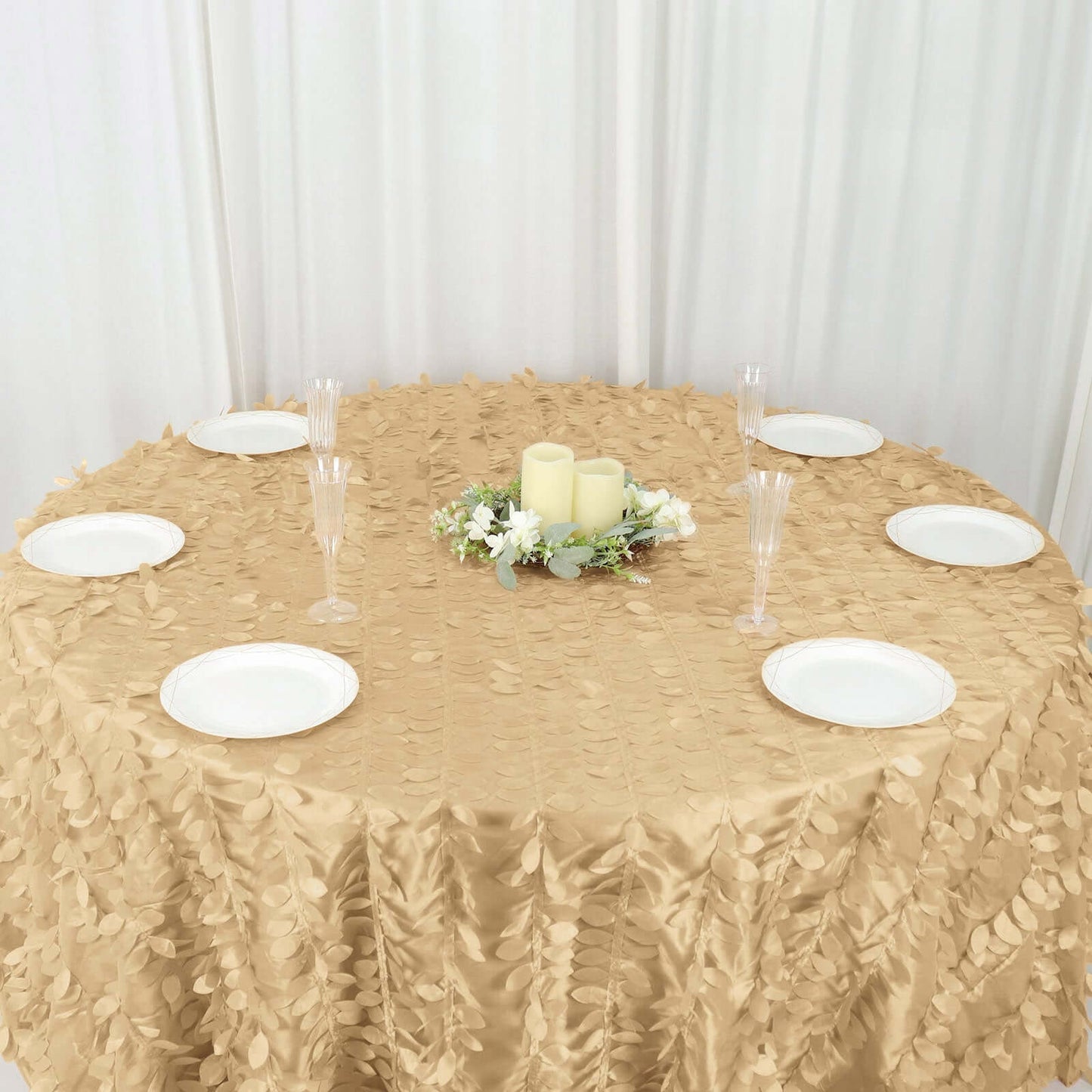 Taffeta 132" Round Tablecloth Champagne | 3D Leaf Petal Design Seamless Table Cover