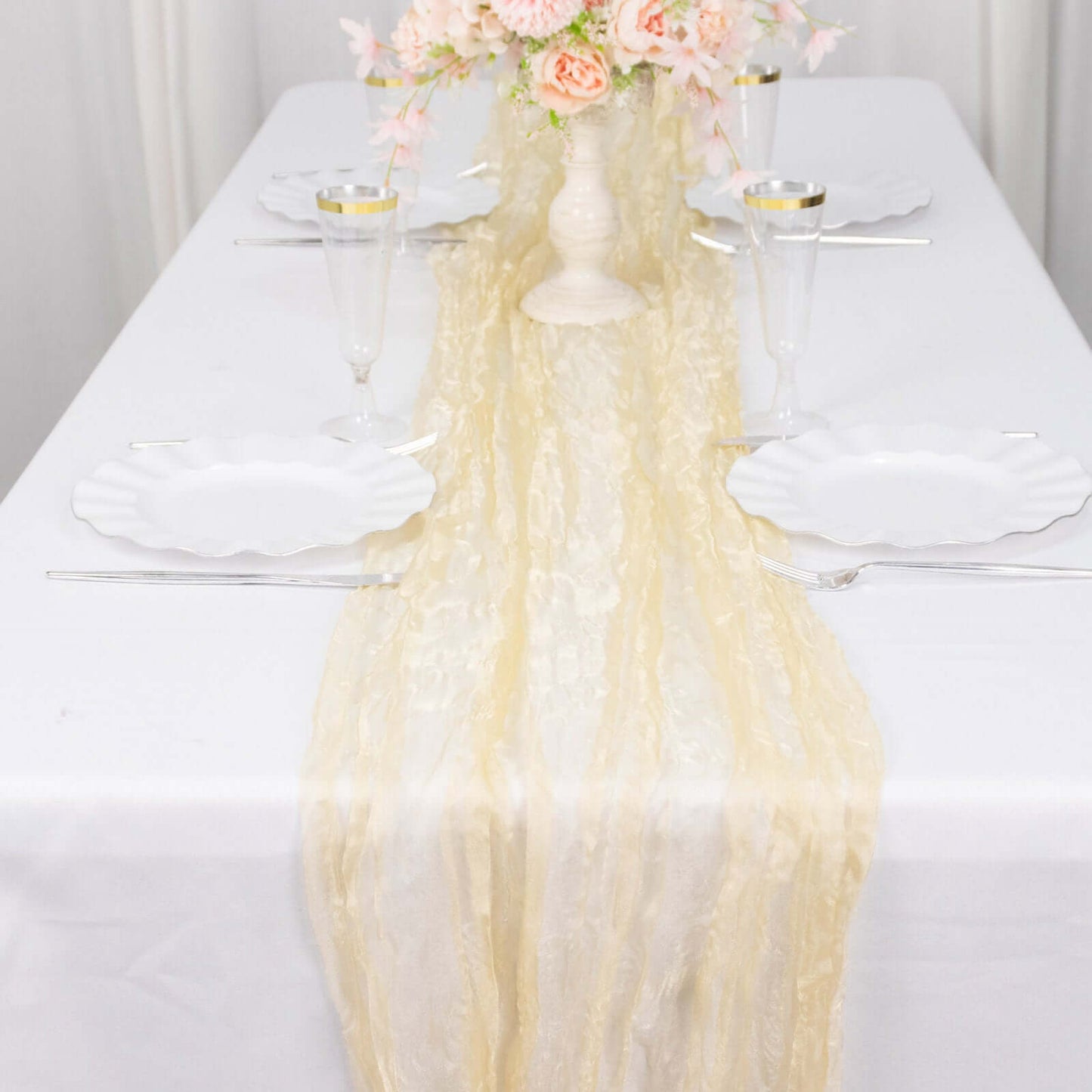 Sheer Crinkled Organza 9ft Table Runner Champagne - Rustic Chiffon Look
