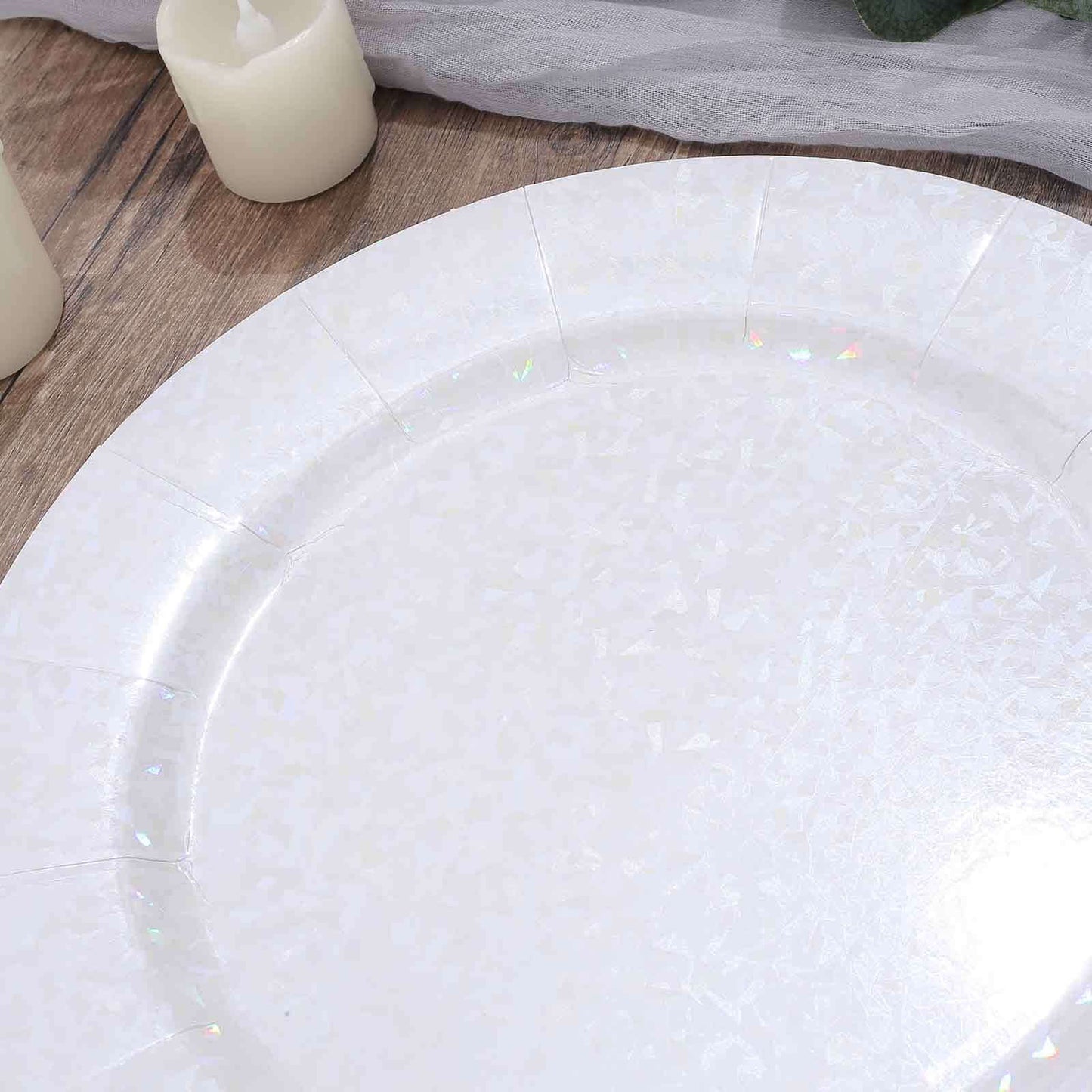 10-Pack Disposable Round Charger Plates in Iridescent with Leathery Texture - Durable 1100GSM Cardboard Placemats 13"