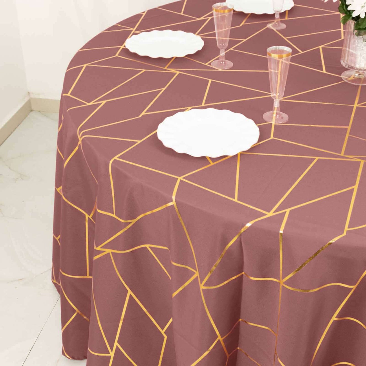 Polyester 120" Round Tablecloth Cinnamon Rose with Gold Foil Geometric Pattern Wrinkle-Resistant Seamless Table Cover