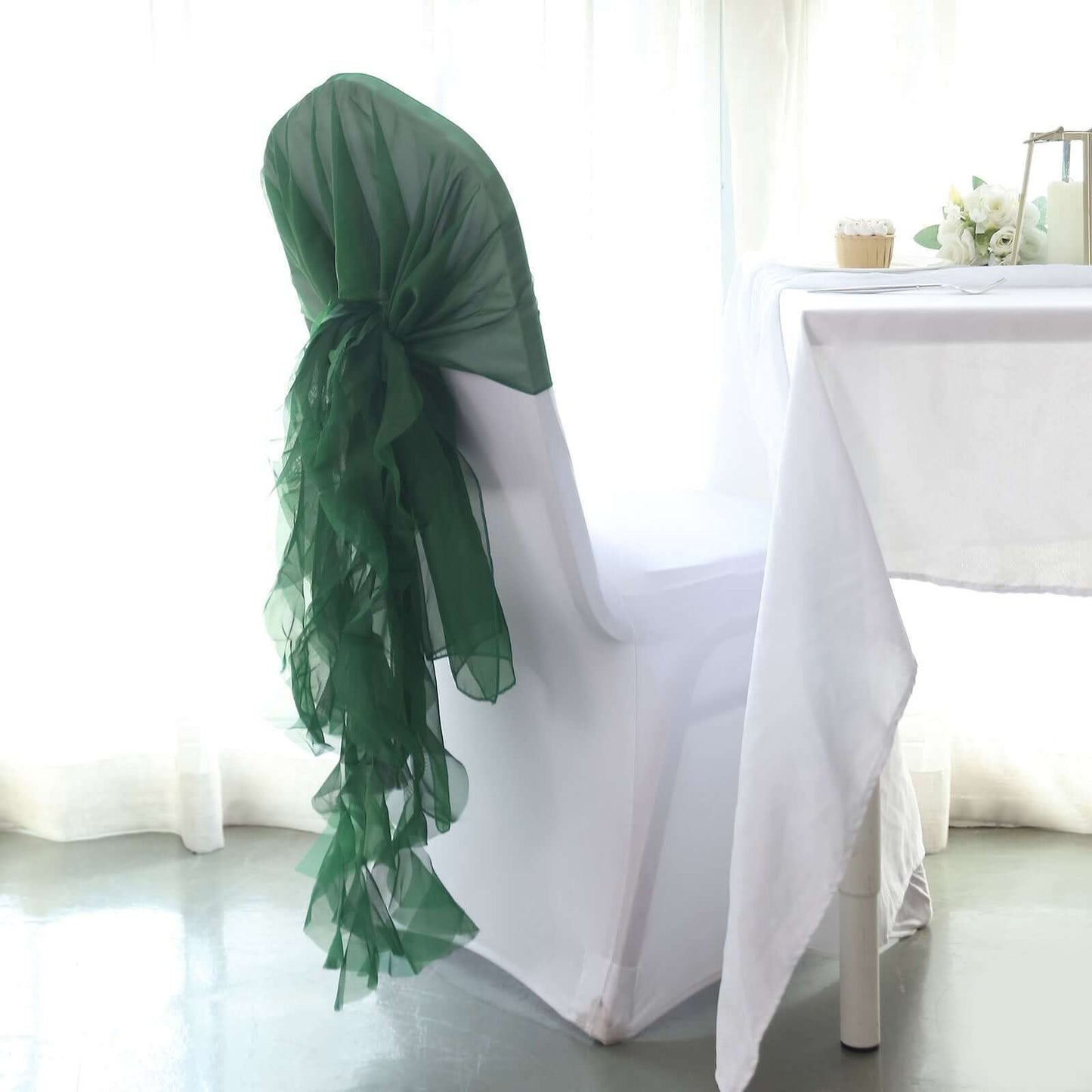 Chiffon Chair Sash with Curly Design Hunter Emerald Green - Stylish Chair Decorations