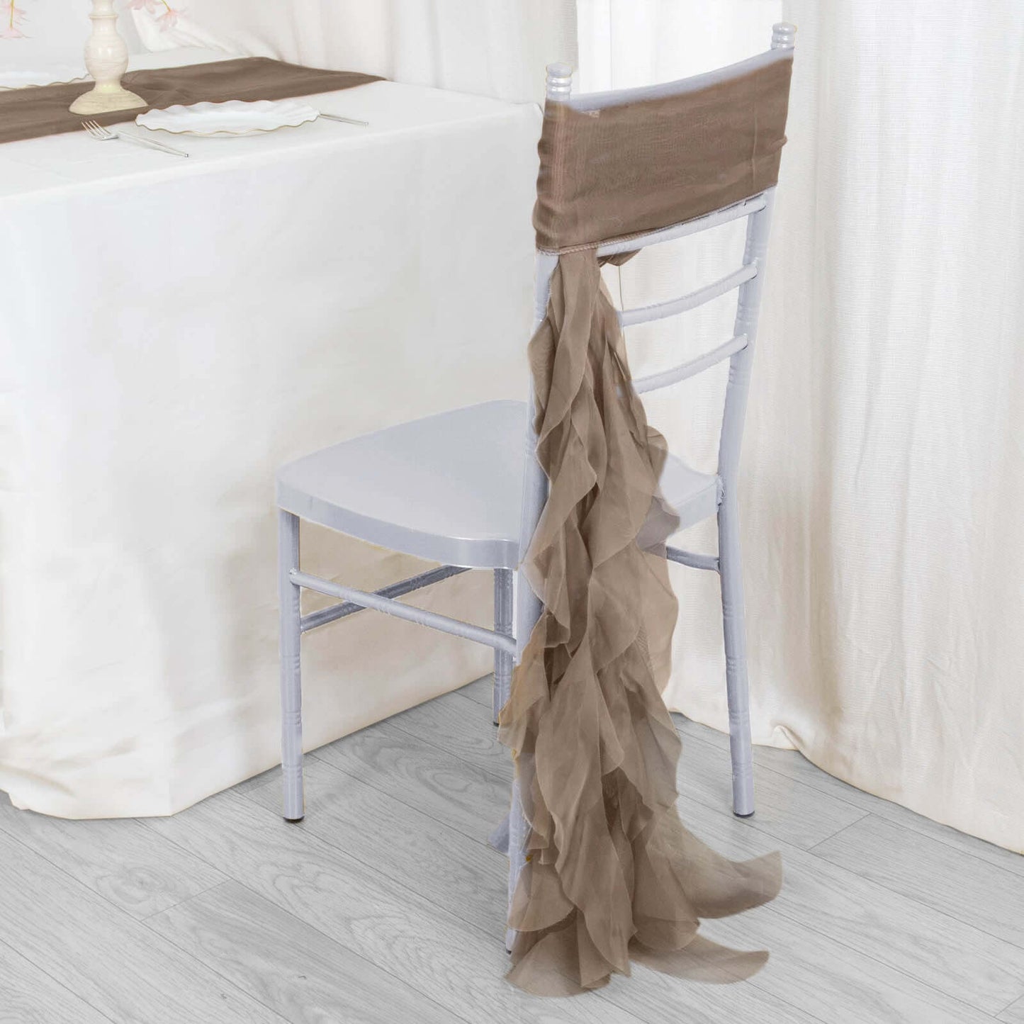 Chiffon Chair Sash with Curly Design Taupe - Stylish Chair Decorations