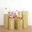 Set of 5 Gold Sequin Mesh Cylinder Pedestal Stand Covers with Geometric Pattern Embroidery, Sparkly Sheer Tulle Pillar Prop Covers